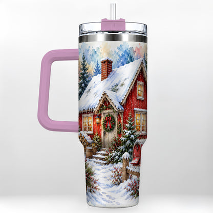 #pl[40oz|Pink] Red Christmas Cottage 40oz Tumbler with Handle, Snowy Travel Cup