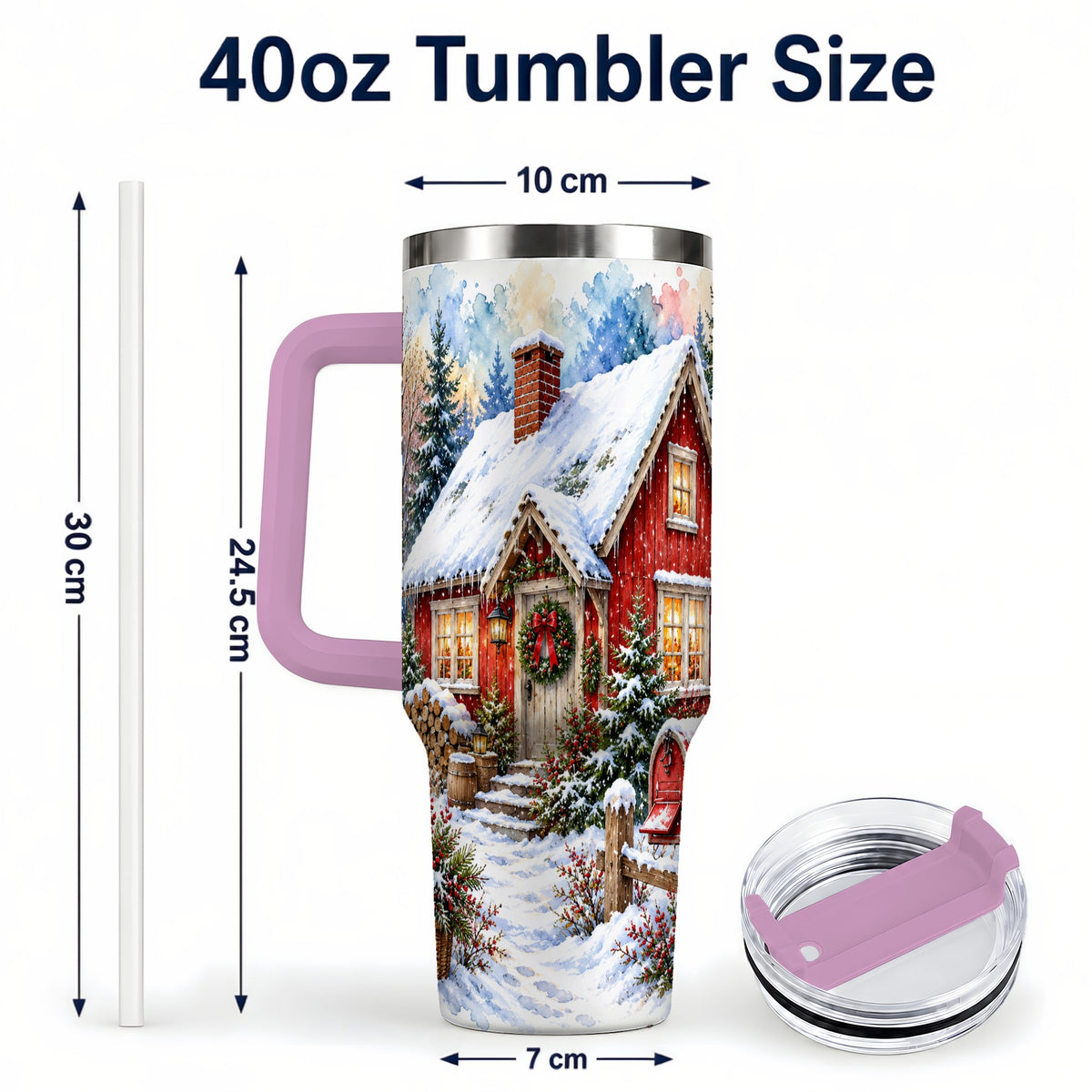 #pl[40oz|Pink] Red Christmas Cottage 40oz Tumbler with Handle, Snowy Travel Cup