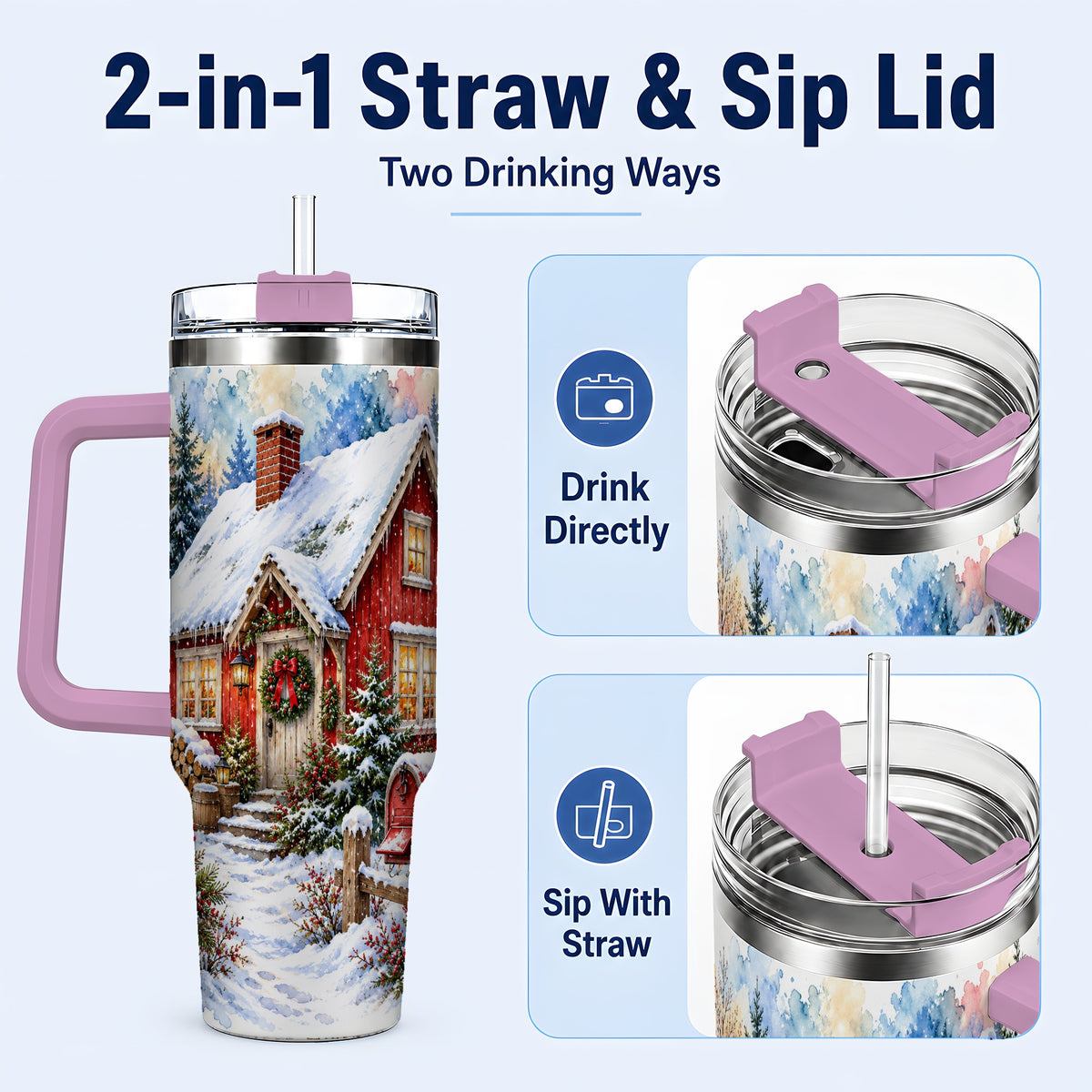 #pl[40oz|Pink] Red Christmas Cottage 40oz Tumbler with Handle, Snowy Travel Cup