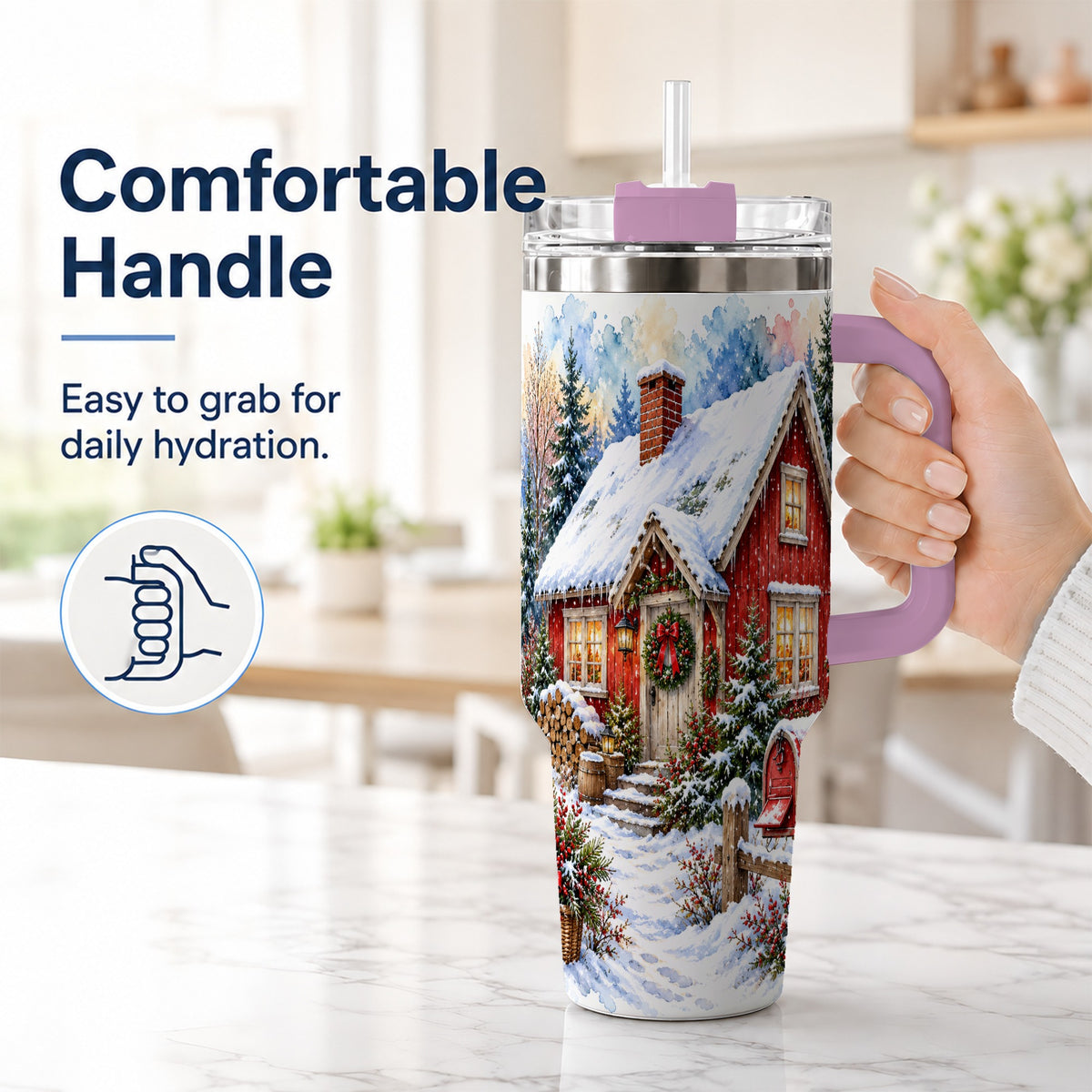 #pl[40oz|Pink] Red Christmas Cottage 40oz Tumbler with Handle, Snowy Travel Cup