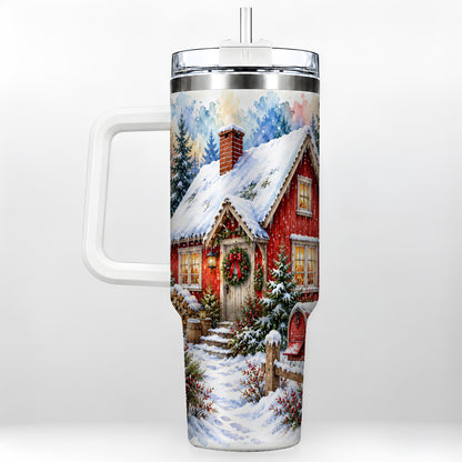 Red Christmas Cottage 40oz Tumbler with Handle, Snowy Travel Cup