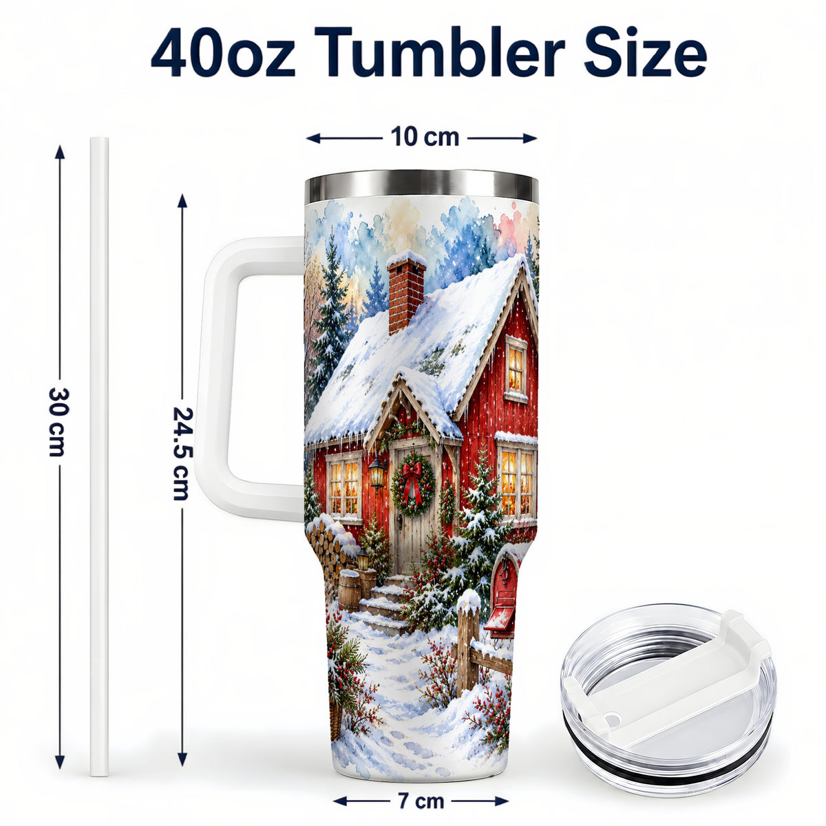 #pl[40oz|White] Red Christmas Cottage 40oz Tumbler with Handle, Snowy Travel Cup