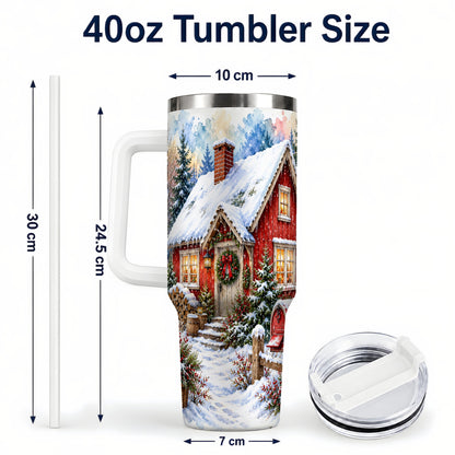 #pl[40oz|White] Red Christmas Cottage 40oz Tumbler with Handle, Snowy Travel Cup