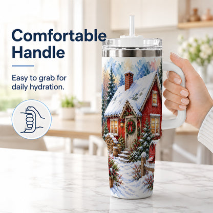 #pl[40oz|White] Red Christmas Cottage 40oz Tumbler with Handle, Snowy Travel Cup