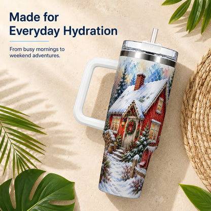 Red Christmas Cottage 40oz Tumbler with Handle, Snowy Travel Cup