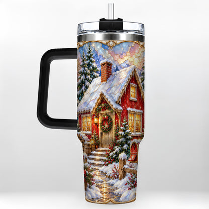 #pl[40oz|Black] Jeweled Christmas Cottage 40oz Tumbler with Handle, Snowy Travel Cup
