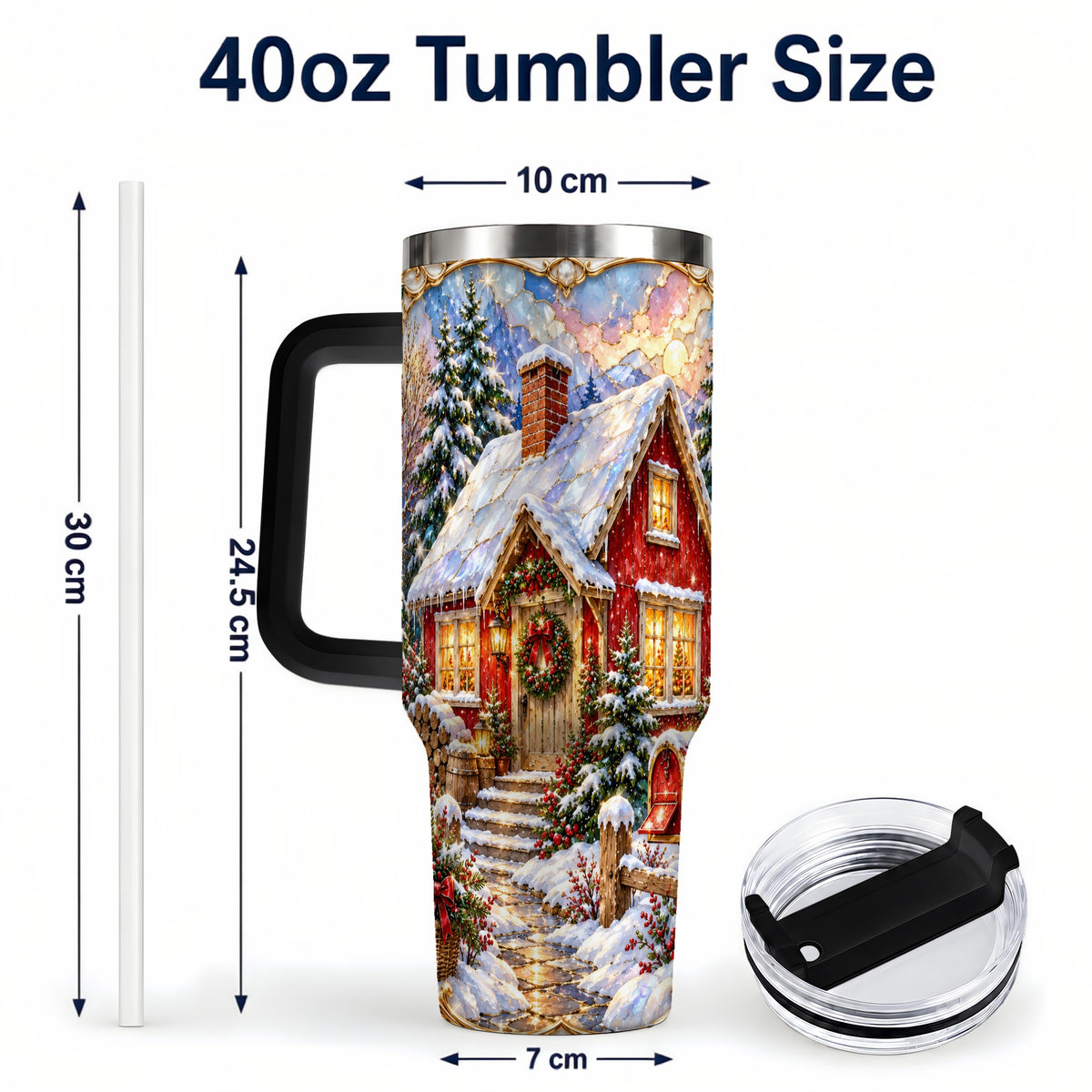 #pl[40oz|Black] Jeweled Christmas Cottage 40oz Tumbler with Handle, Snowy Travel Cup