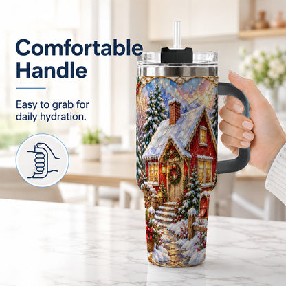 #pl[40oz|Black] Jeweled Christmas Cottage 40oz Tumbler with Handle, Snowy Travel Cup