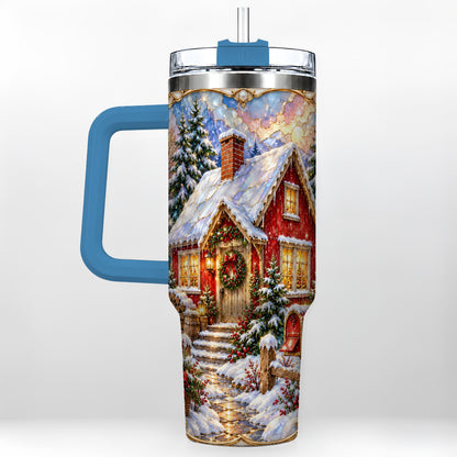 #pl[40oz|Blue] Jeweled Christmas Cottage 40oz Tumbler with Handle, Snowy Travel Cup