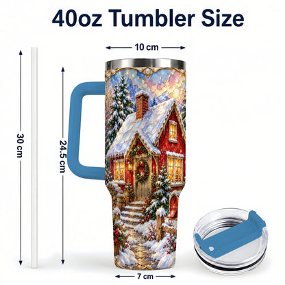 #pl[40oz|Blue] Jeweled Christmas Cottage 40oz Tumbler with Handle, Snowy Travel Cup