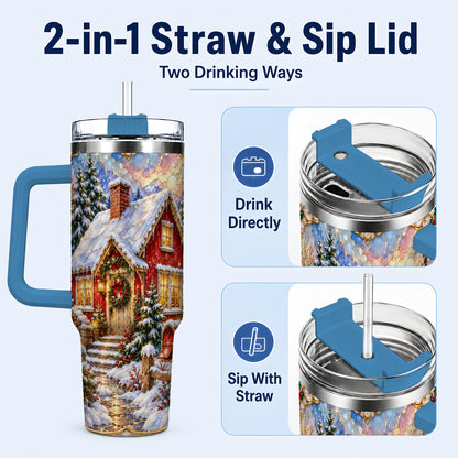 #pl[40oz|Blue] Jeweled Christmas Cottage 40oz Tumbler with Handle, Snowy Travel Cup