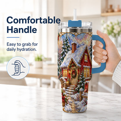 #pl[40oz|Blue] Jeweled Christmas Cottage 40oz Tumbler with Handle, Snowy Travel Cup