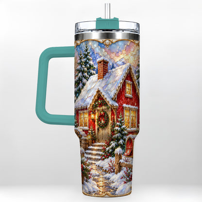#pl[40oz|Green] Jeweled Christmas Cottage 40oz Tumbler with Handle, Snowy Travel Cup