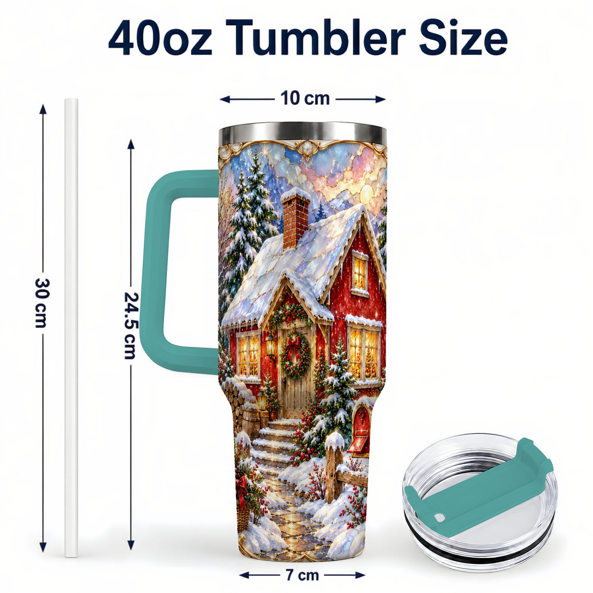 #pl[40oz|Green] Jeweled Christmas Cottage 40oz Tumbler with Handle, Snowy Travel Cup