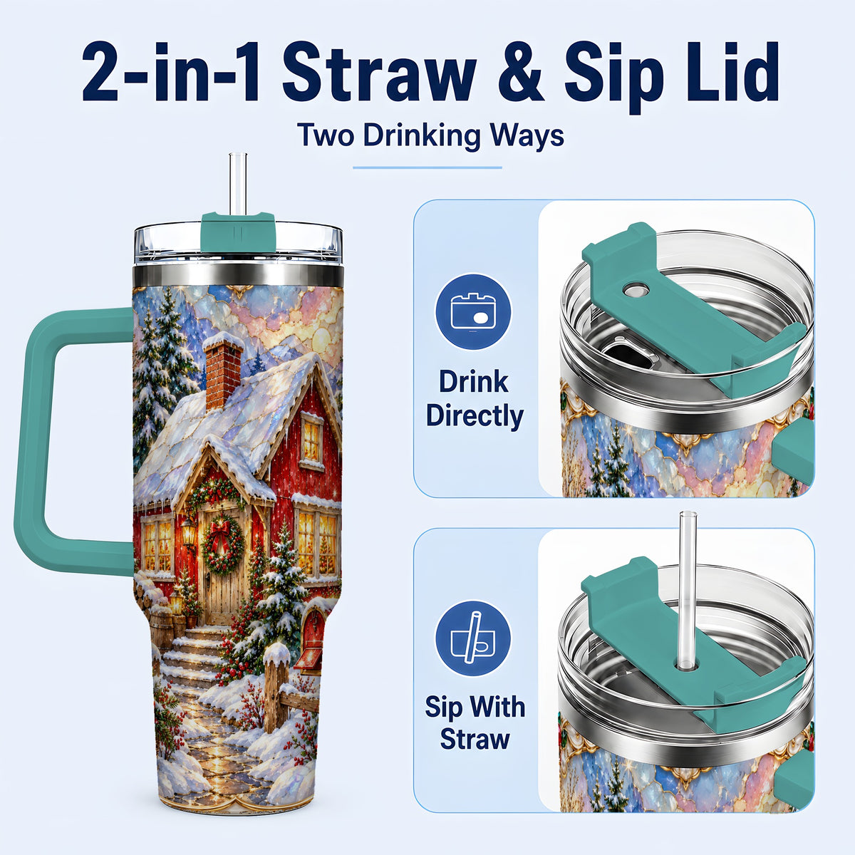 #pl[40oz|Green] Jeweled Christmas Cottage 40oz Tumbler with Handle, Snowy Travel Cup