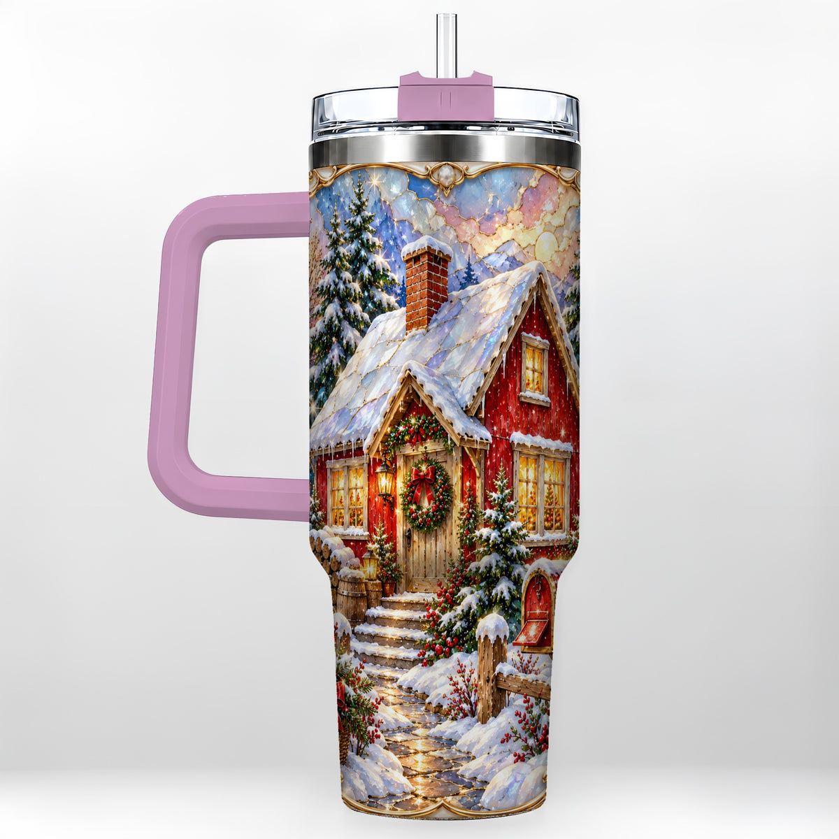 #pl[40oz|Pink] Jeweled Christmas Cottage 40oz Tumbler with Handle, Snowy Travel Cup