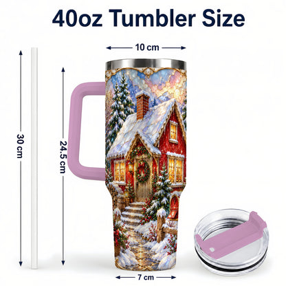 #pl[40oz|Pink] Jeweled Christmas Cottage 40oz Tumbler with Handle, Snowy Travel Cup