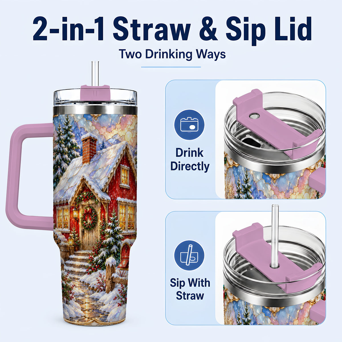 #pl[40oz|Pink] Jeweled Christmas Cottage 40oz Tumbler with Handle, Snowy Travel Cup