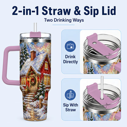 #pl[40oz|Pink] Jeweled Christmas Cottage 40oz Tumbler with Handle, Snowy Travel Cup