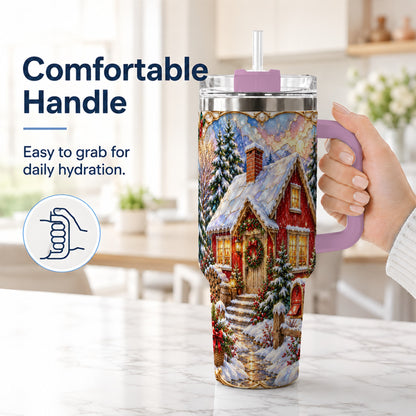 #pl[40oz|Pink] Jeweled Christmas Cottage 40oz Tumbler with Handle, Snowy Travel Cup