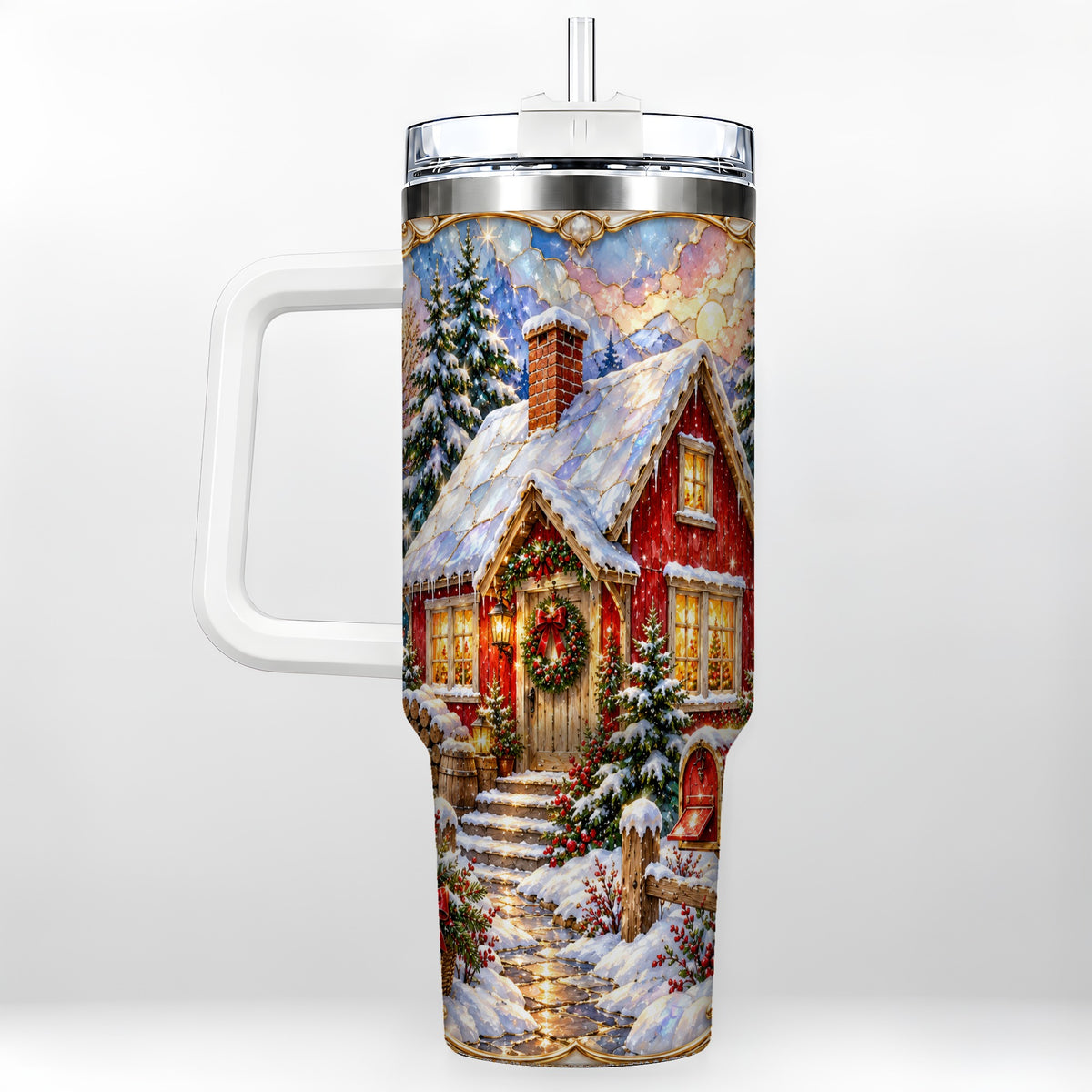Jeweled Christmas Cottage 40oz Tumbler with Handle, Snowy Travel Cup