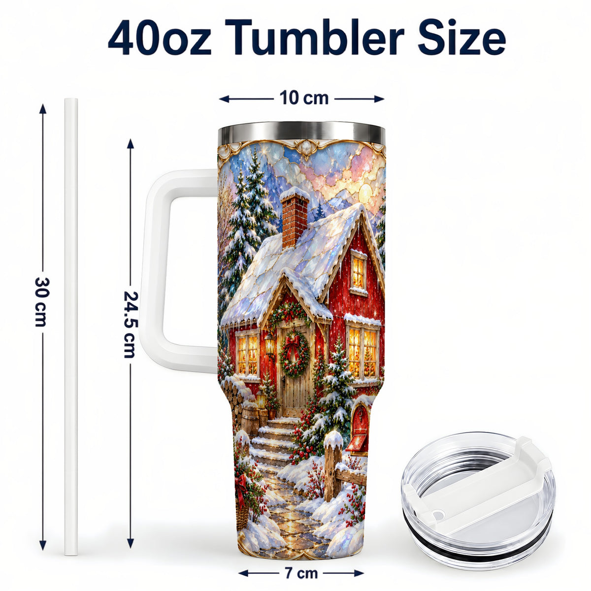#pl[40oz|White] Jeweled Christmas Cottage 40oz Tumbler with Handle, Snowy Travel Cup
