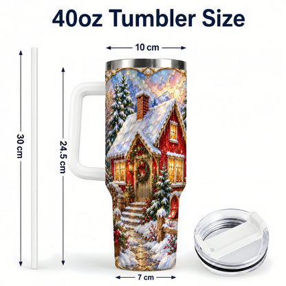 #pl[40oz|White] Jeweled Christmas Cottage 40oz Tumbler with Handle, Snowy Travel Cup