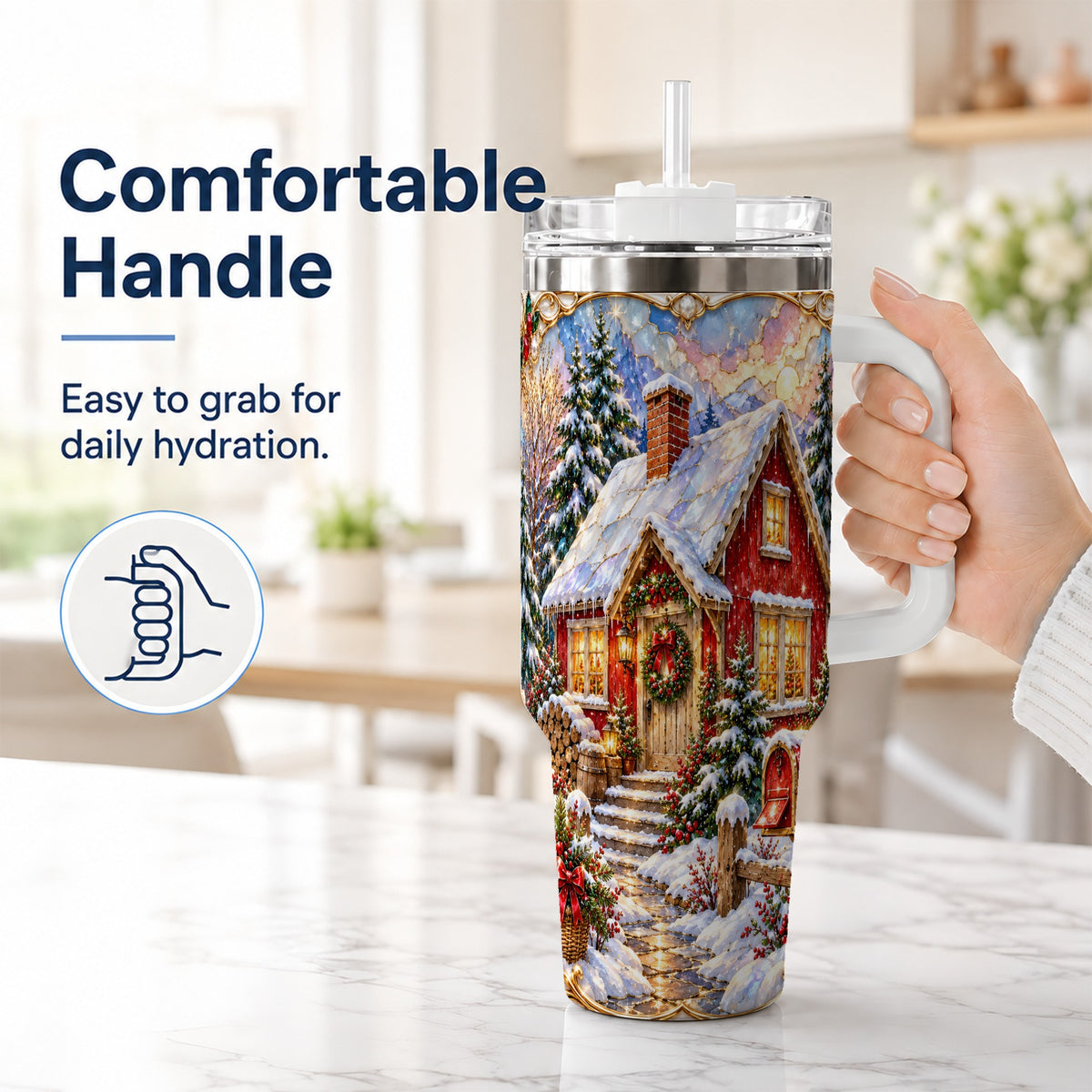 #pl[40oz|White] Jeweled Christmas Cottage 40oz Tumbler with Handle, Snowy Travel Cup
