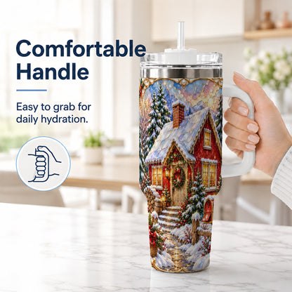 #pl[40oz|White] Jeweled Christmas Cottage 40oz Tumbler with Handle, Snowy Travel Cup
