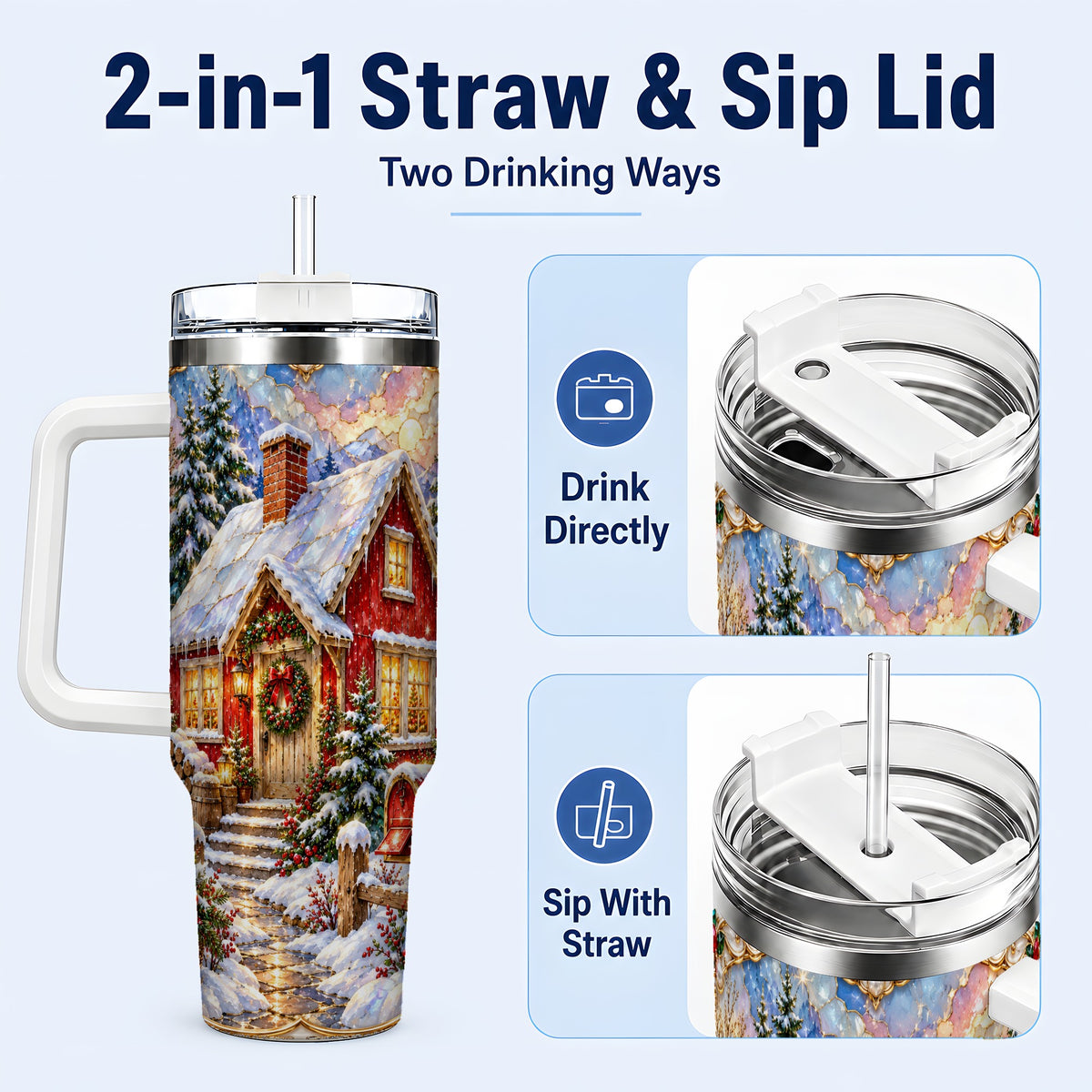 #pl[40oz|White] Jeweled Christmas Cottage 40oz Tumbler with Handle, Snowy Travel Cup