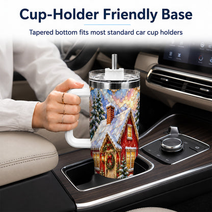 Jeweled Christmas Cottage 40oz Tumbler with Handle, Snowy Travel Cup