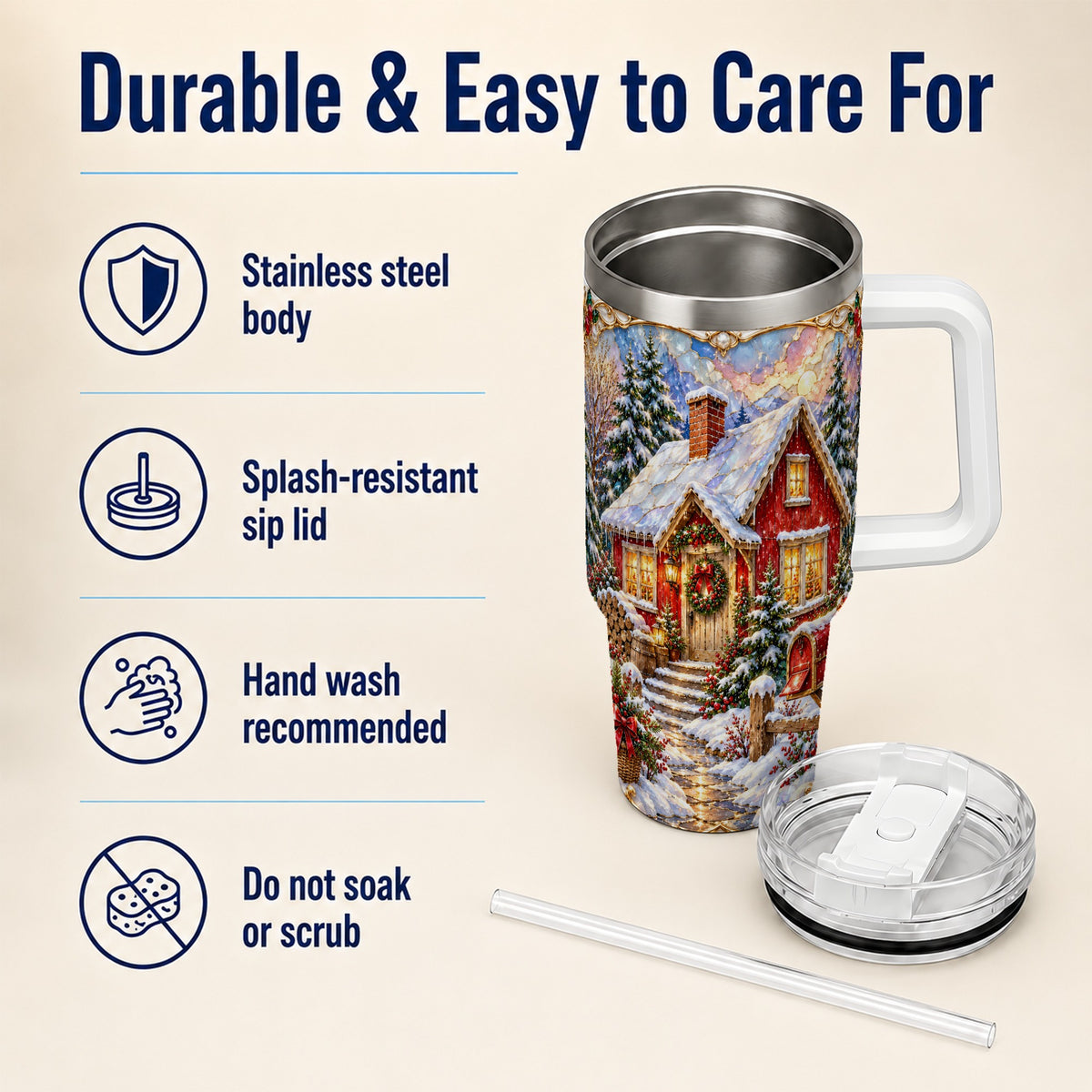 Jeweled Christmas Cottage 40oz Tumbler with Handle, Snowy Travel Cup