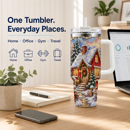 Jeweled Christmas Cottage 40oz Tumbler with Handle, Snowy Travel Cup