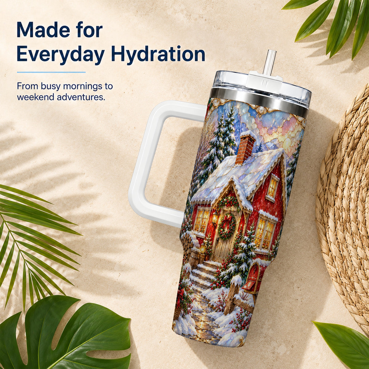 Jeweled Christmas Cottage 40oz Tumbler with Handle, Snowy Travel Cup