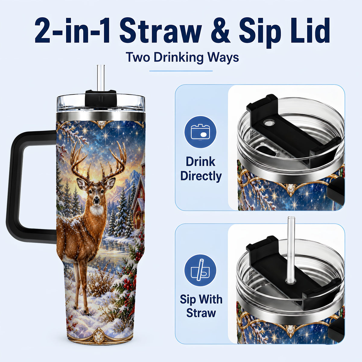 #pl[40oz|Black] Christmas Deer Church 40oz Tumbler with Handle, Winter Travel Cup