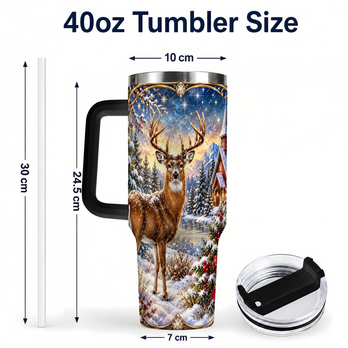 #pl[40oz|Black] Christmas Deer Church 40oz Tumbler with Handle, Winter Travel Cup