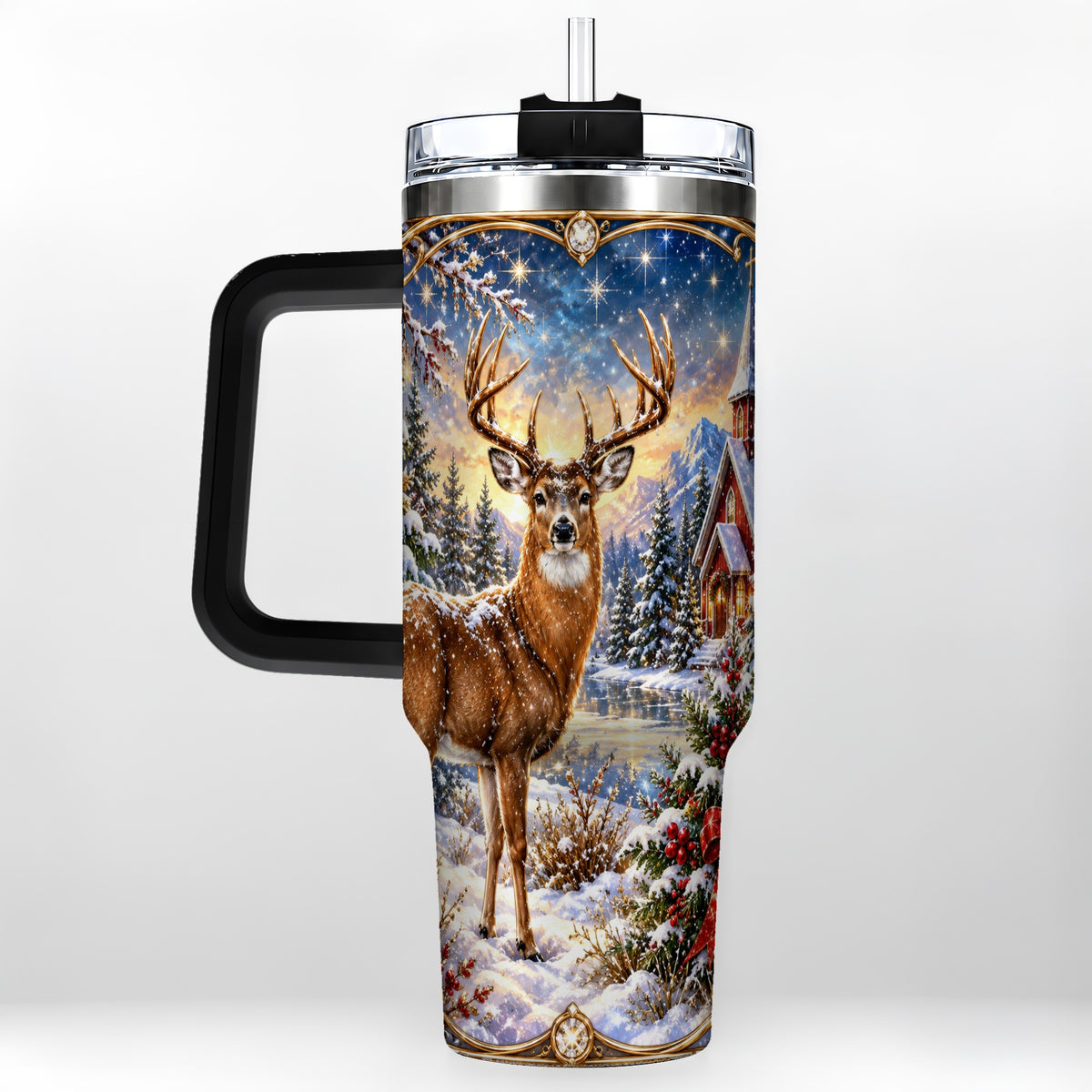 #pl[40oz|Black] Christmas Deer Church 40oz Tumbler with Handle, Winter Travel Cup