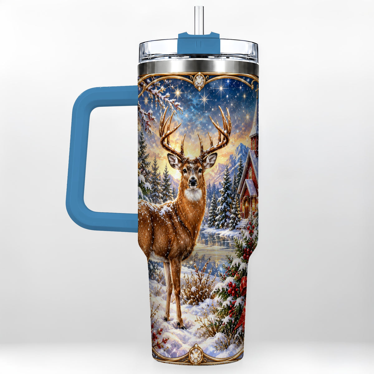 #pl[40oz|Blue] Christmas Deer Church 40oz Tumbler with Handle, Winter Travel Cup