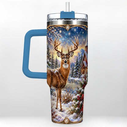 #pl[40oz|Blue] Christmas Deer Church 40oz Tumbler with Handle, Winter Travel Cup