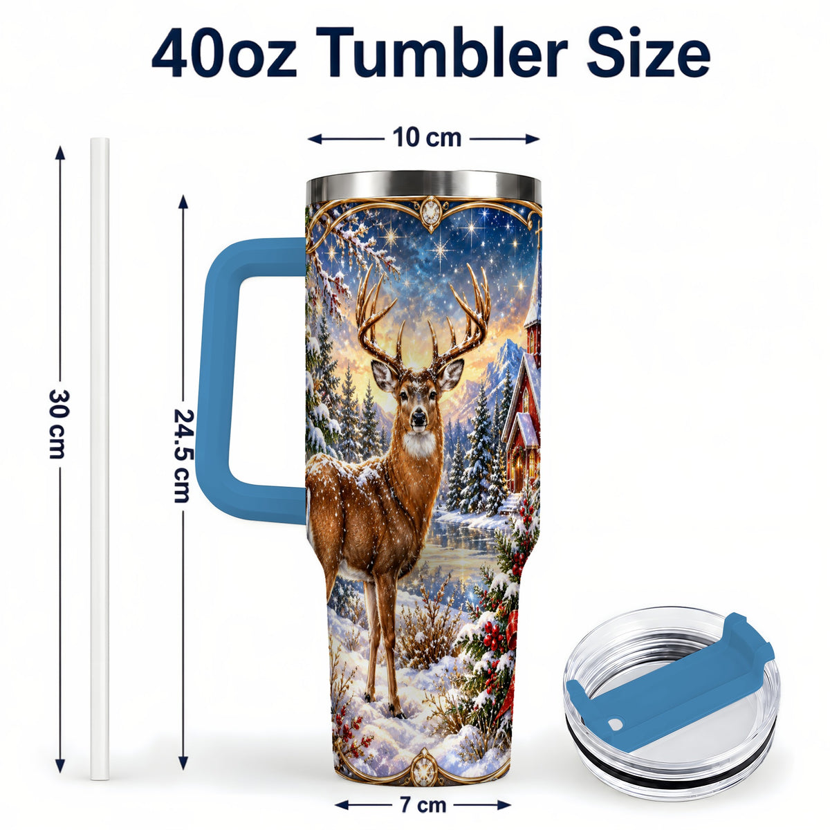 #pl[40oz|Blue] Christmas Deer Church 40oz Tumbler with Handle, Winter Travel Cup