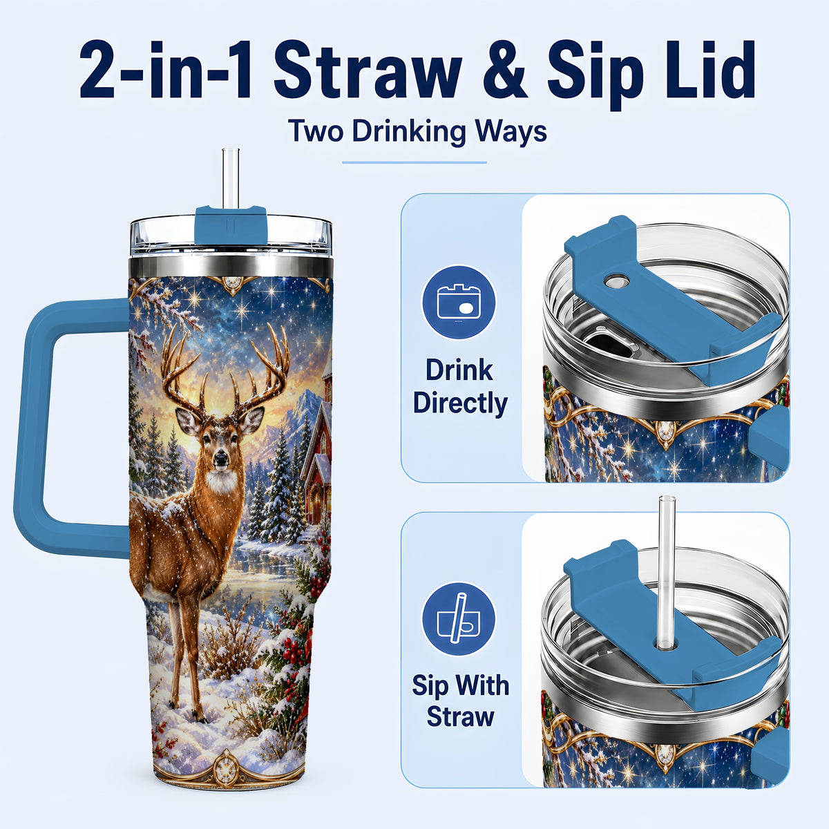 #pl[40oz|Blue] Christmas Deer Church 40oz Tumbler with Handle, Winter Travel Cup