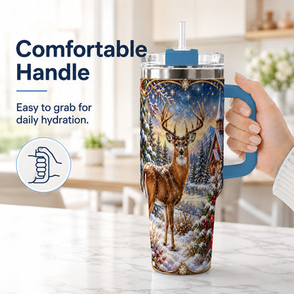 #pl[40oz|Blue] Christmas Deer Church 40oz Tumbler with Handle, Winter Travel Cup