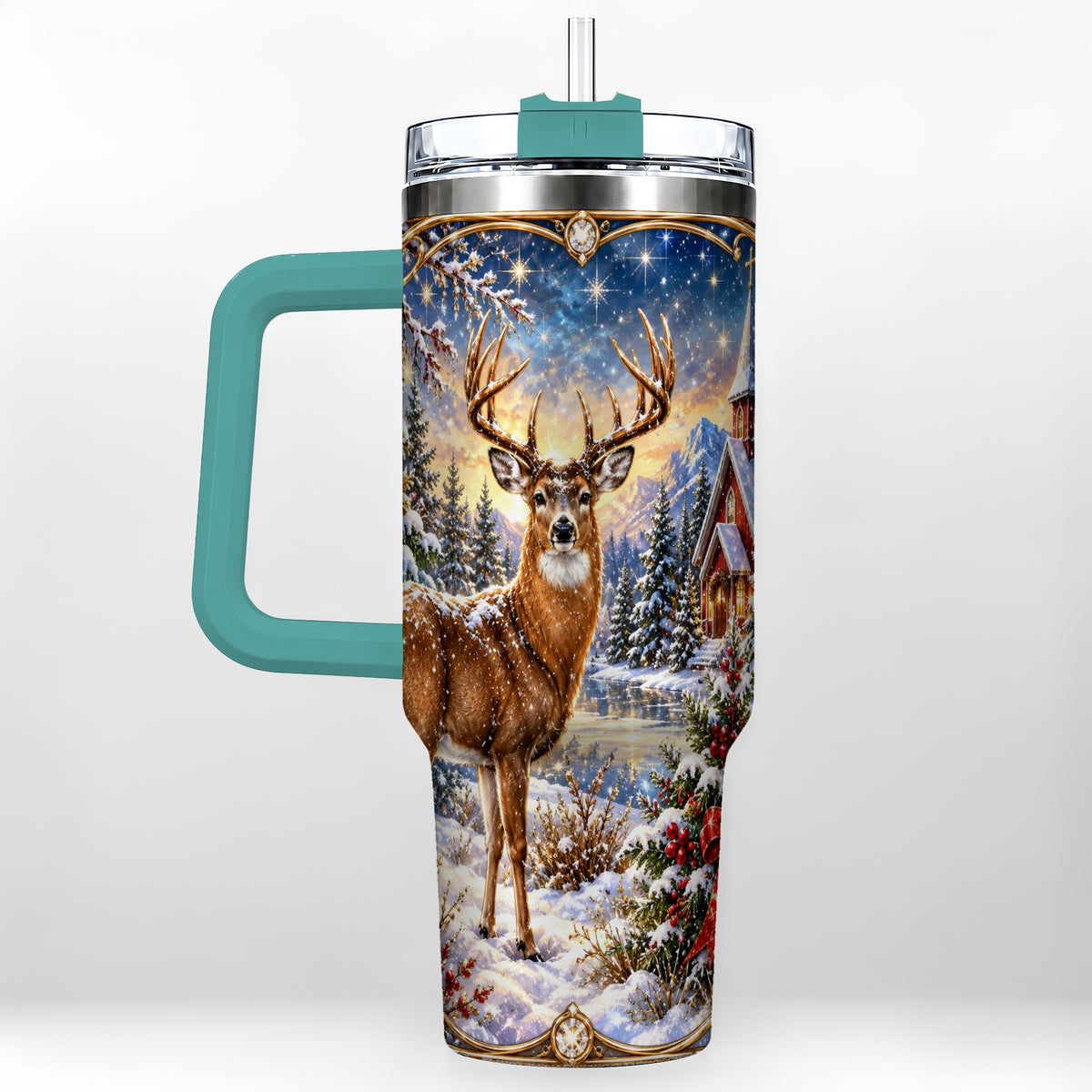 #pl[40oz|Green] Christmas Deer Church 40oz Tumbler with Handle, Winter Travel Cup