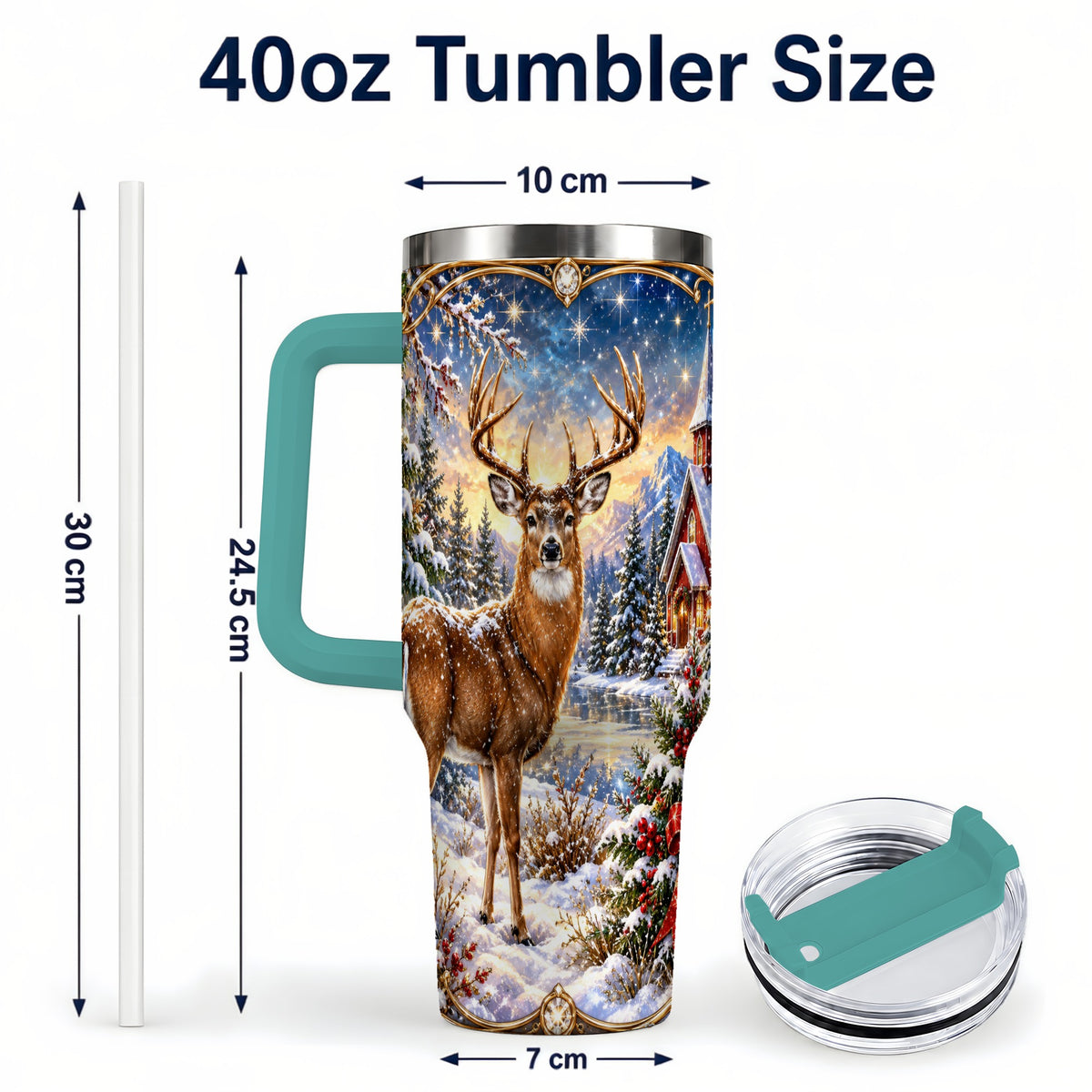 #pl[40oz|Green] Christmas Deer Church 40oz Tumbler with Handle, Winter Travel Cup