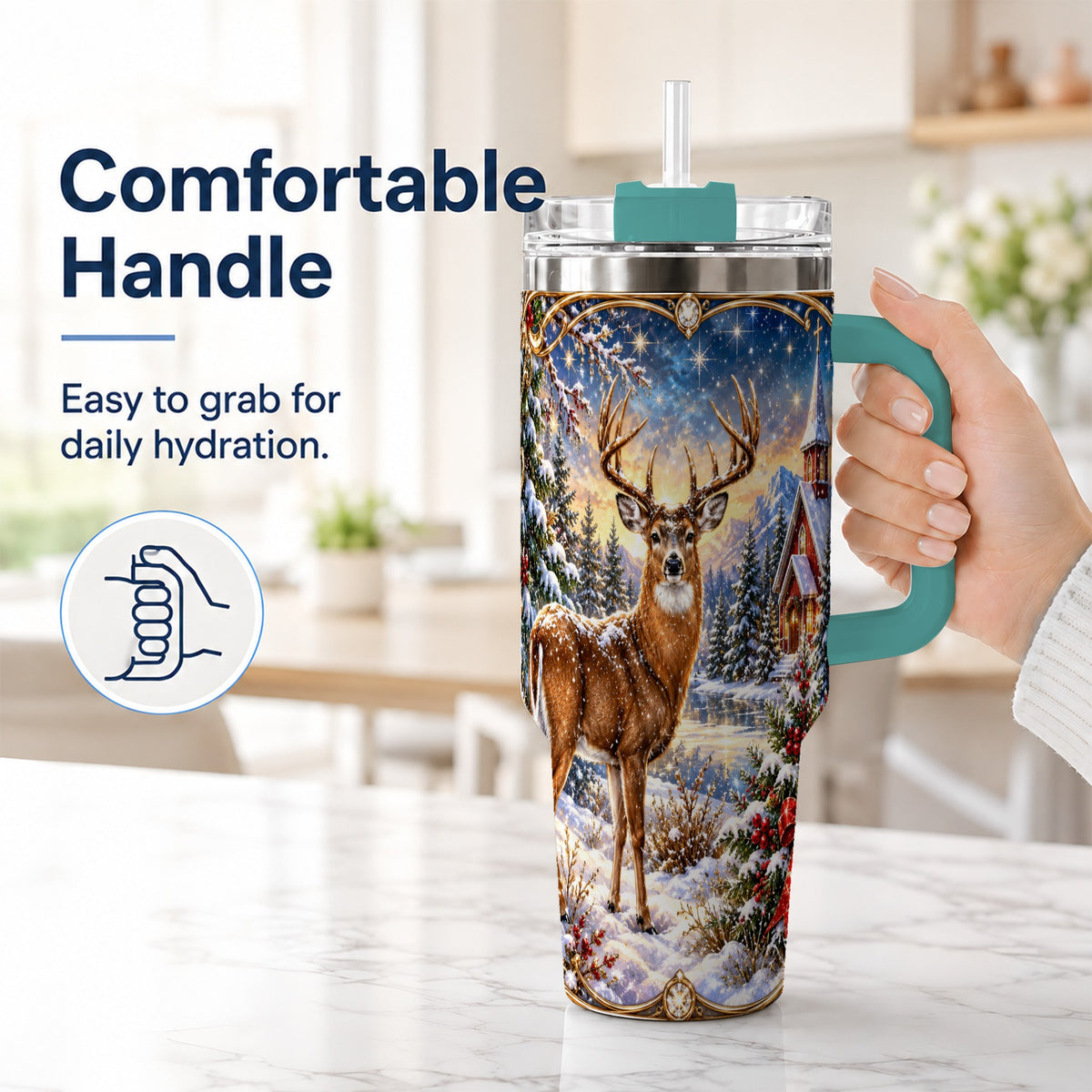 #pl[40oz|Green] Christmas Deer Church 40oz Tumbler with Handle, Winter Travel Cup
