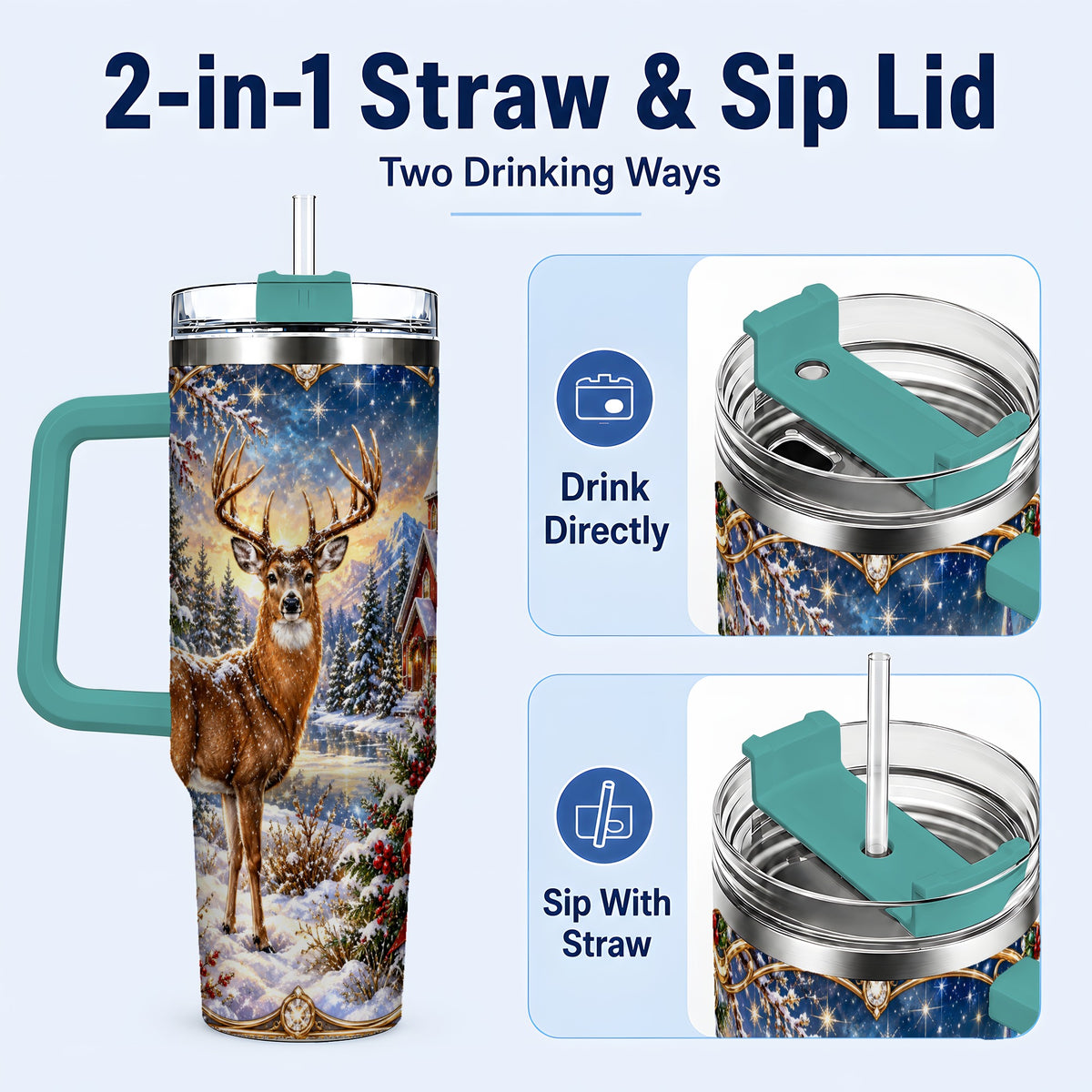 #pl[40oz|Green] Christmas Deer Church 40oz Tumbler with Handle, Winter Travel Cup
