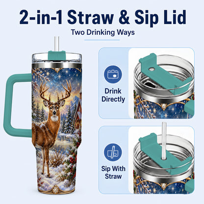 #pl[40oz|Green] Christmas Deer Church 40oz Tumbler with Handle, Winter Travel Cup