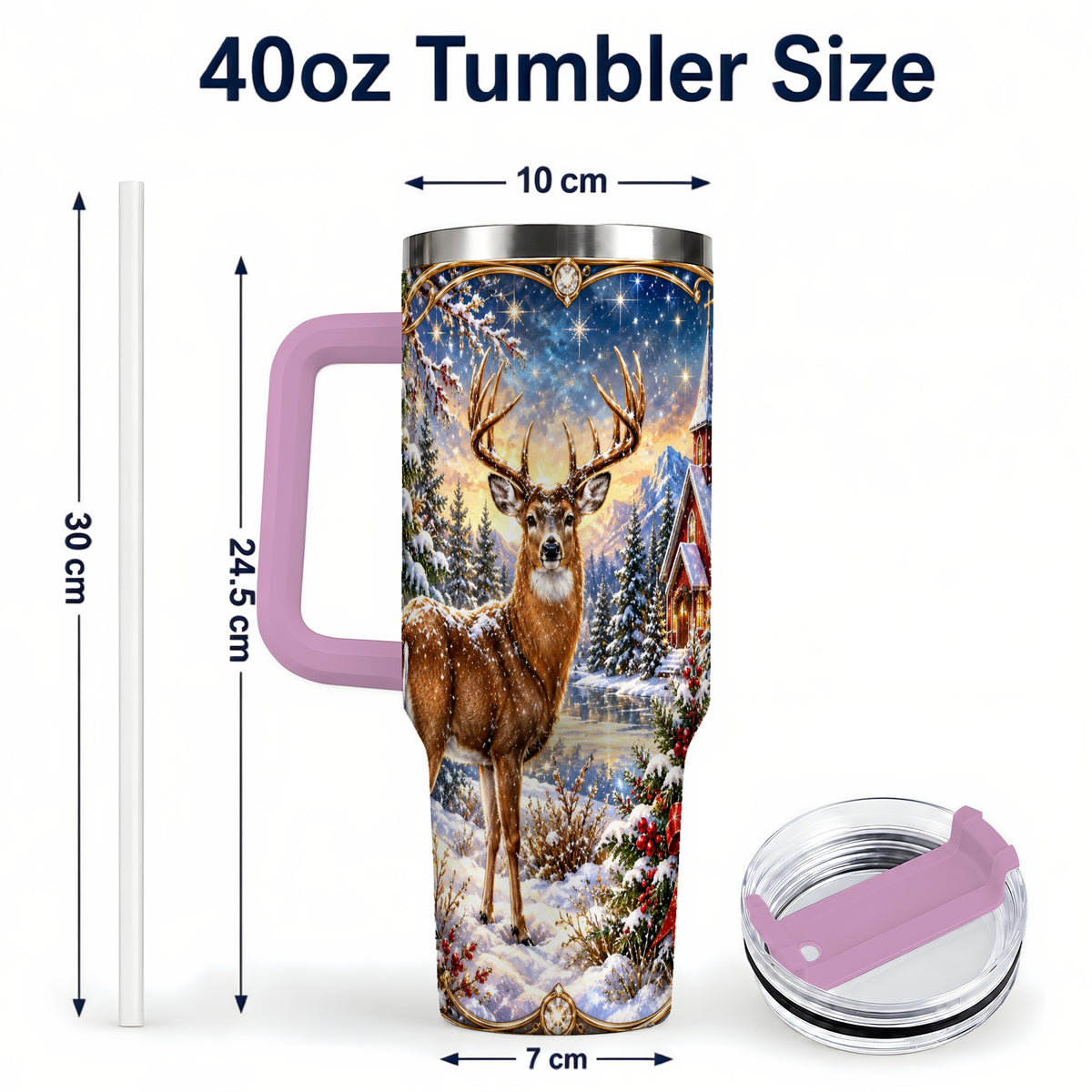 #pl[40oz|Pink] Christmas Deer Church 40oz Tumbler with Handle, Winter Travel Cup