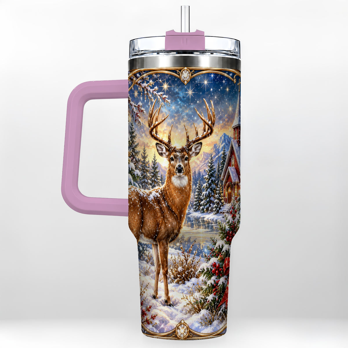 #pl[40oz|Pink] Christmas Deer Church 40oz Tumbler with Handle, Winter Travel Cup