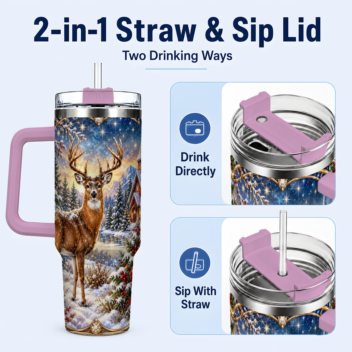 #pl[40oz|Pink] Christmas Deer Church 40oz Tumbler with Handle, Winter Travel Cup